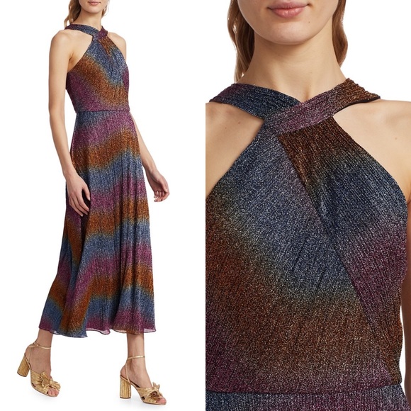 NWT Monique Lhuillier Halterneck Rainbow Shine Metallic Midi Dress - Picture 3 of 7
